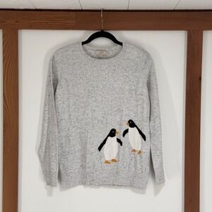 LOFT Outlet Women's Medium M Gray Flecked Penguin Intarsia Knit Sweater Holiday